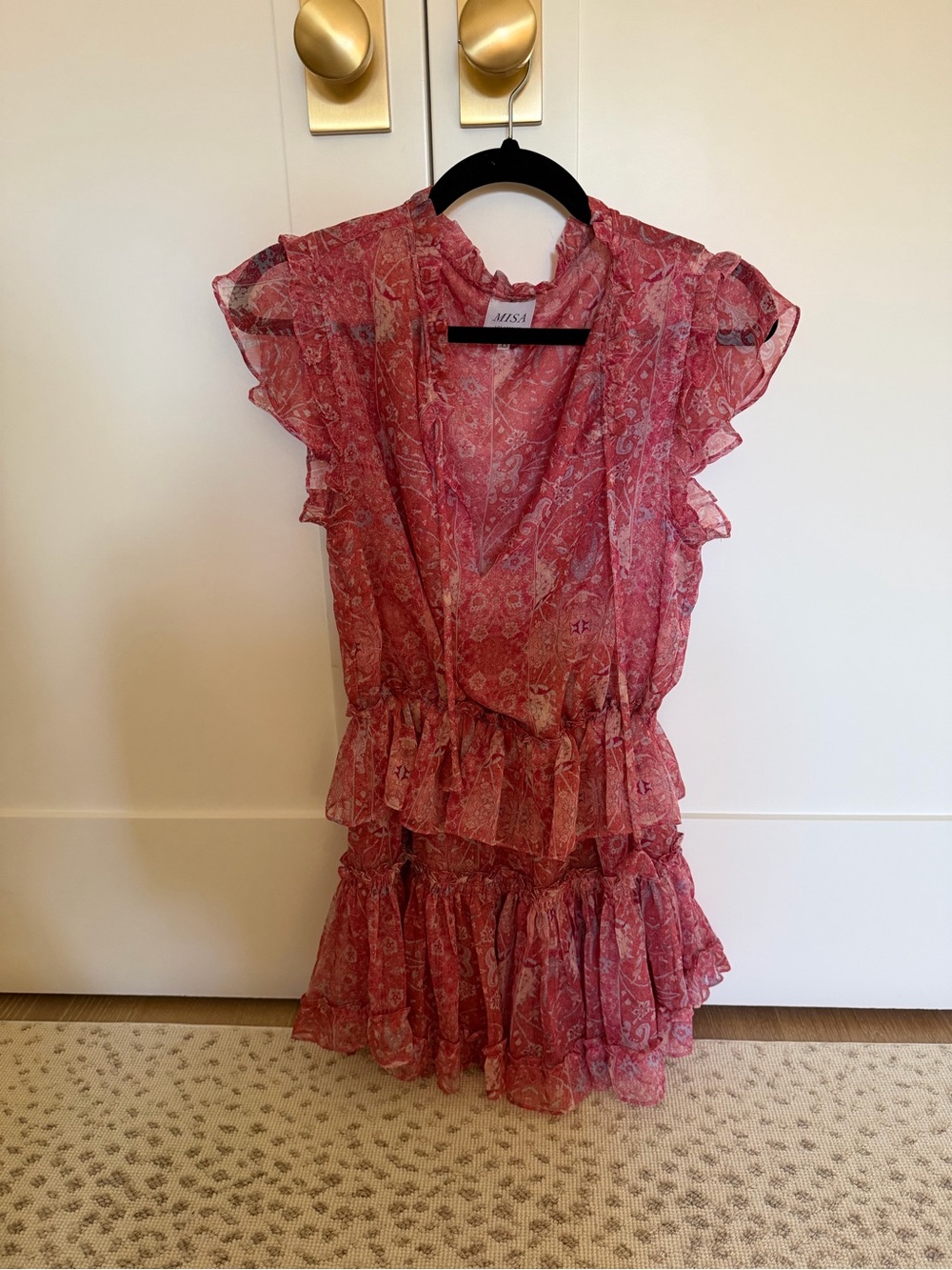 MISA Sheer pink Paisley Ruffle Mini Dress